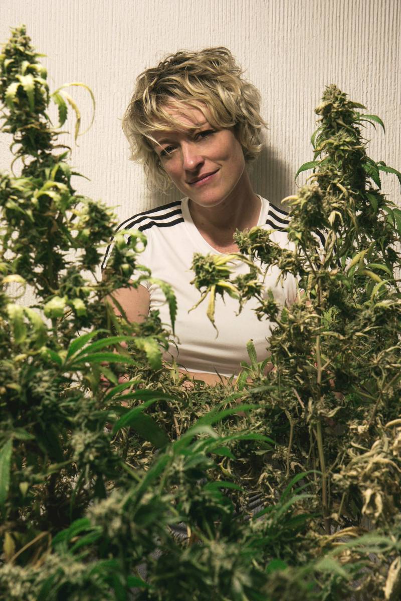 a woman who authored a book on cannabis stands behind cannabis plants