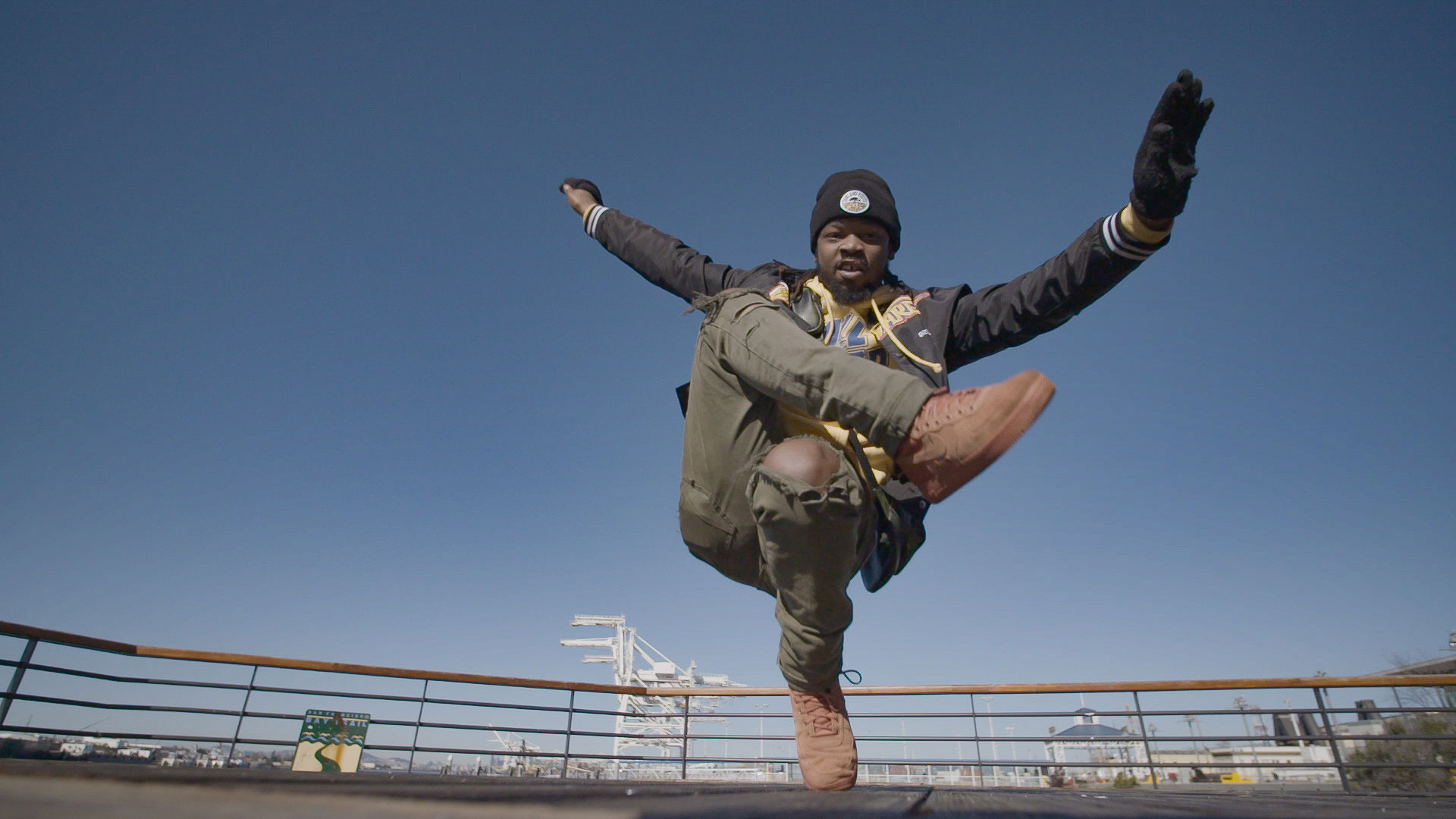Garion Morgan, a.k.a. Icecold 3000 of the Turf Fienz, dancing near the Port of Oakland in 2019.