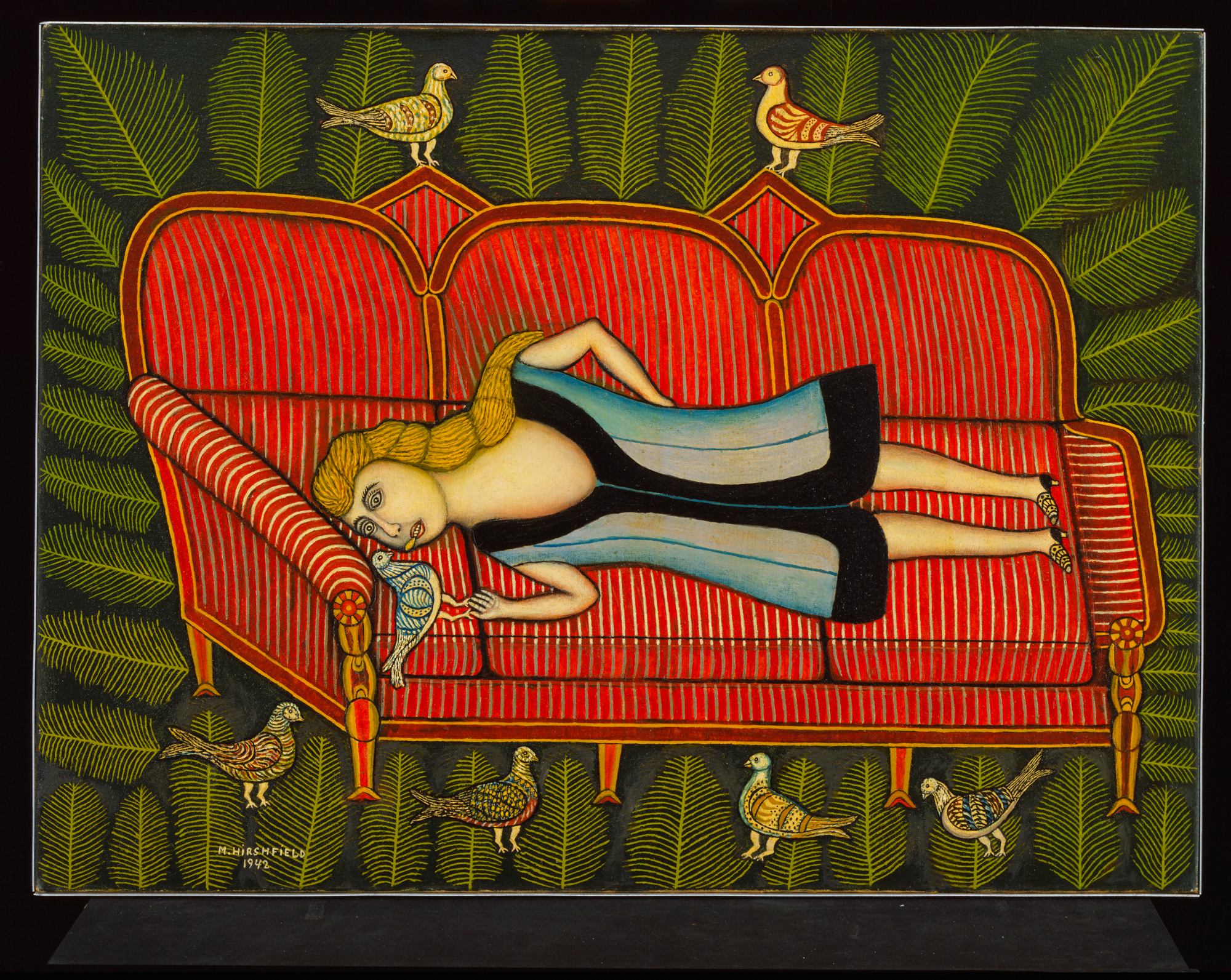 Painting of woman laying on red couch surrounded by birds and ferns