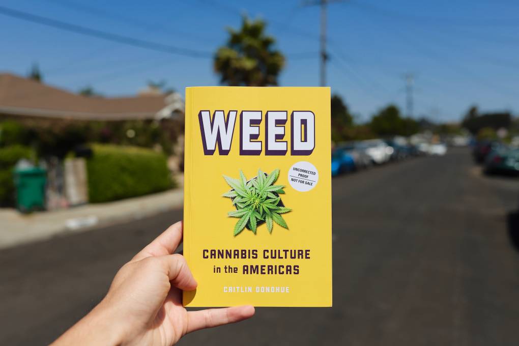 A new book, 'Weed: Cannabis Culture in the Americas,' is held up on a California street