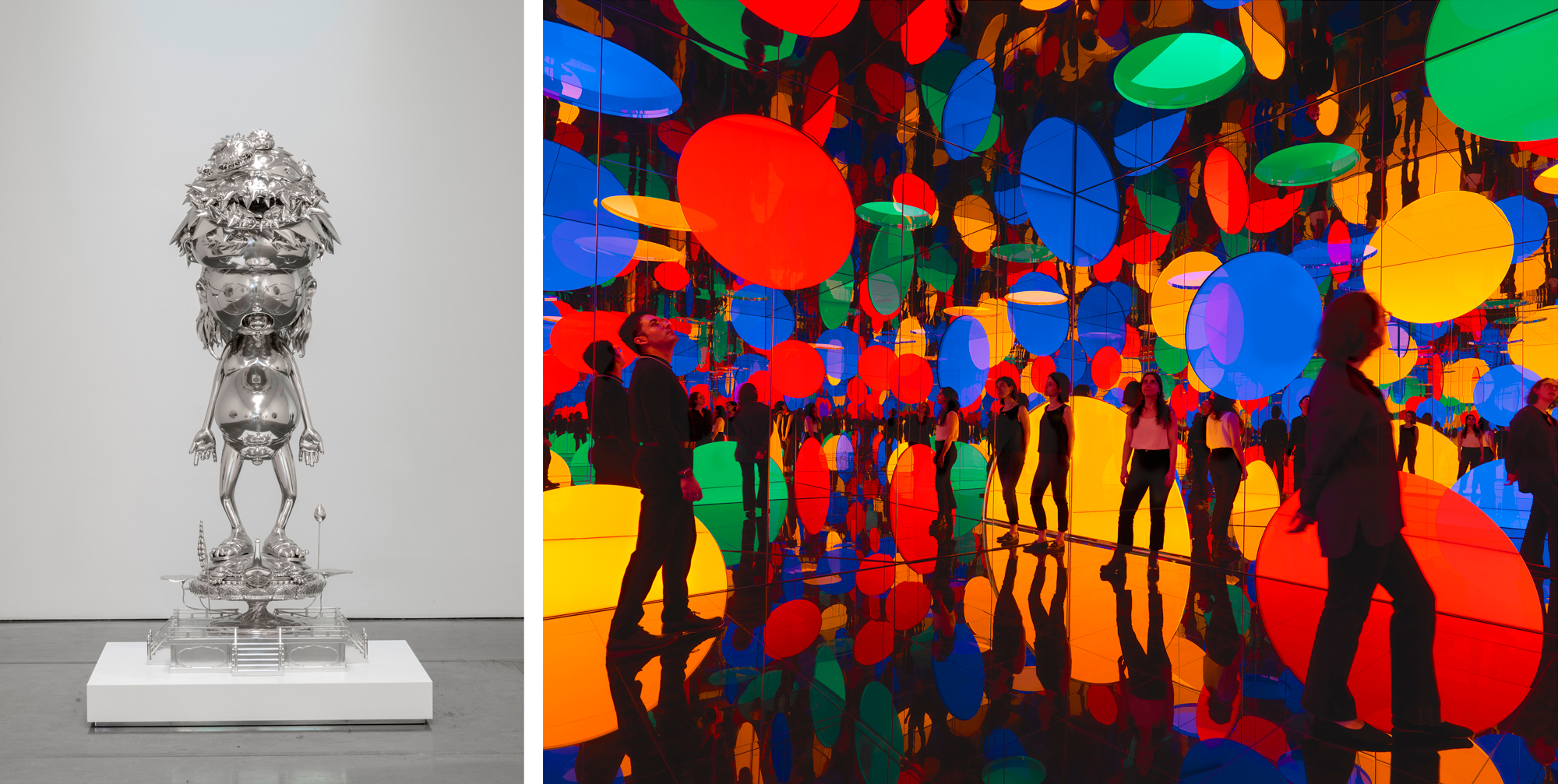 At left a silver monster sculpture on a low white pedestal, at right a mirrored room of multicolored circles and people reflected