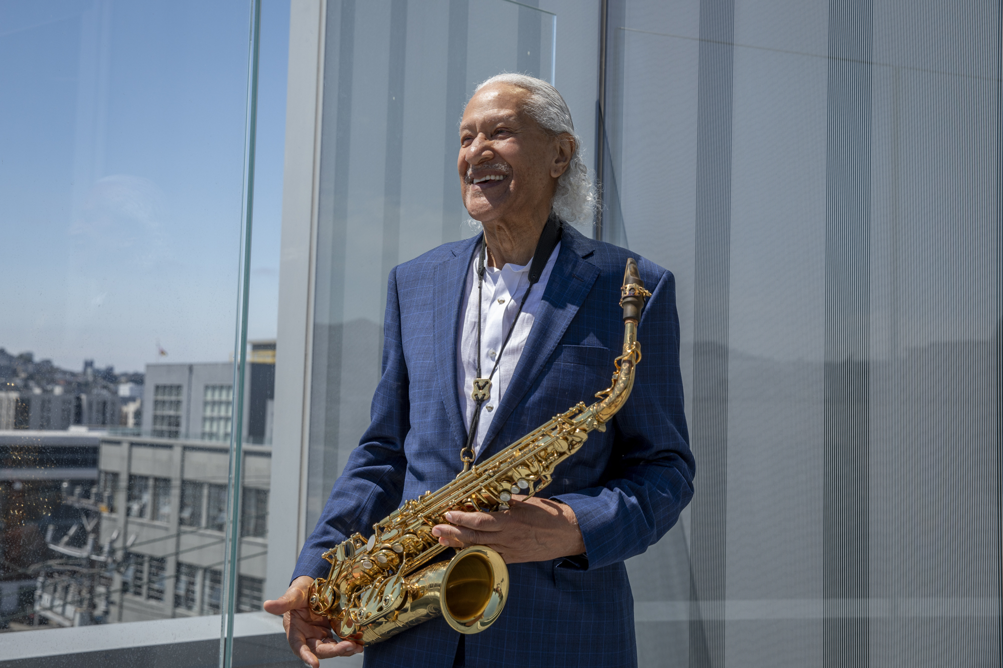 Gary Bartz poses for a portrait with his saxophone