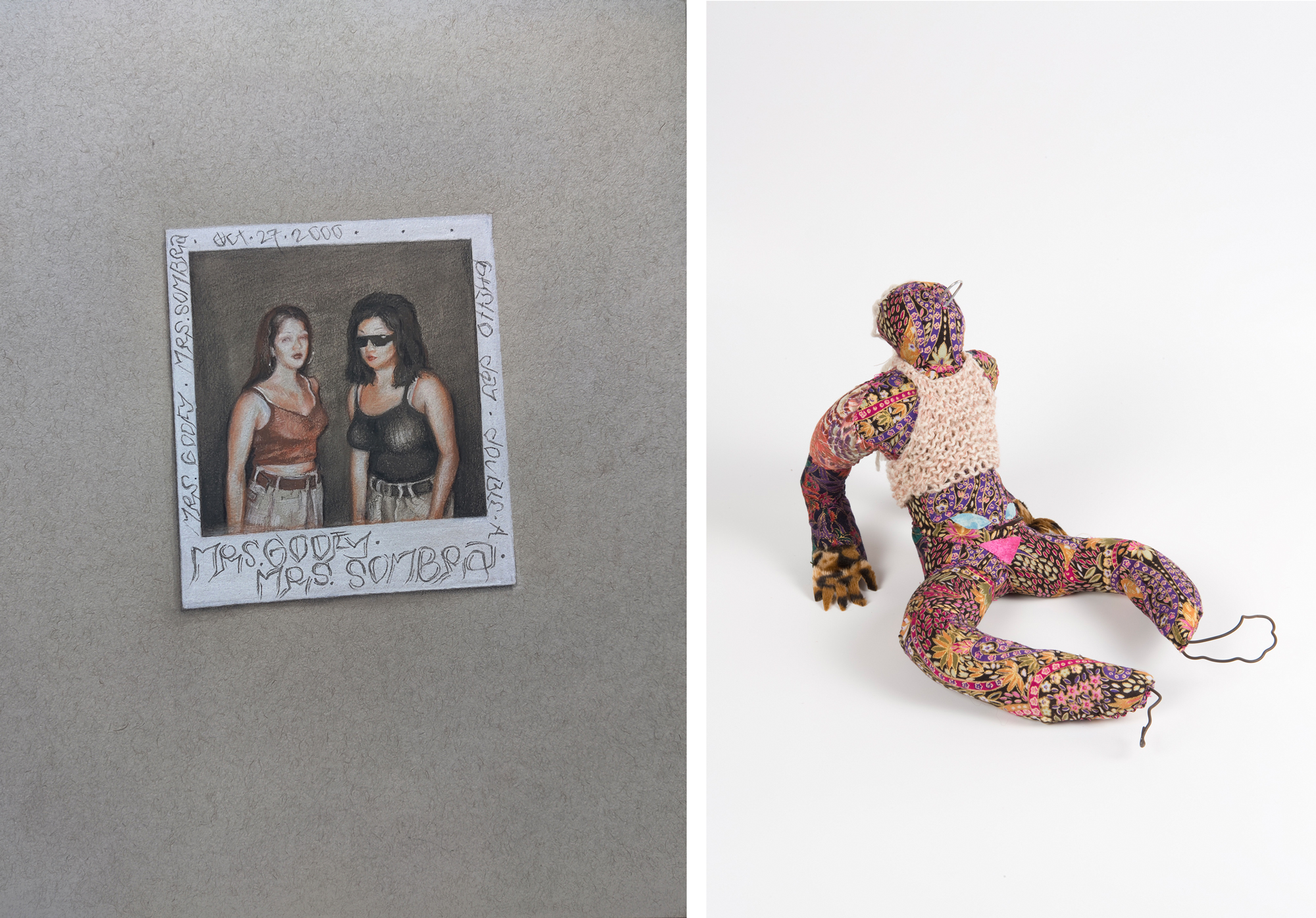 At left, a drawing of a polaroid of two women in tank tops with writing around the border against gray background, at right, a sewn sculpture of a figure reclining