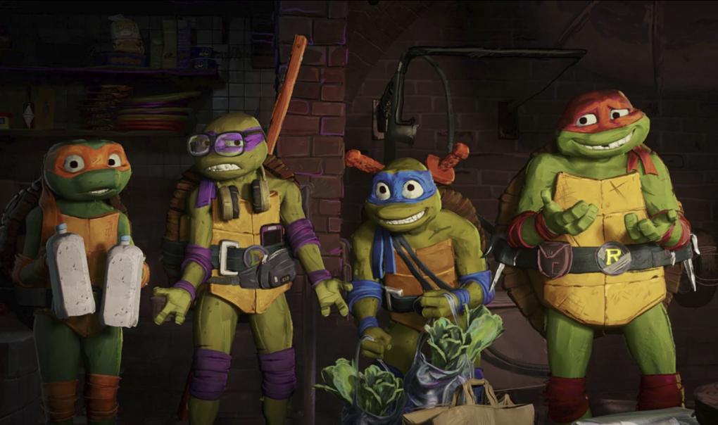 Four animated turtles standing on their hind legs and wearing bandit-style eye masks.