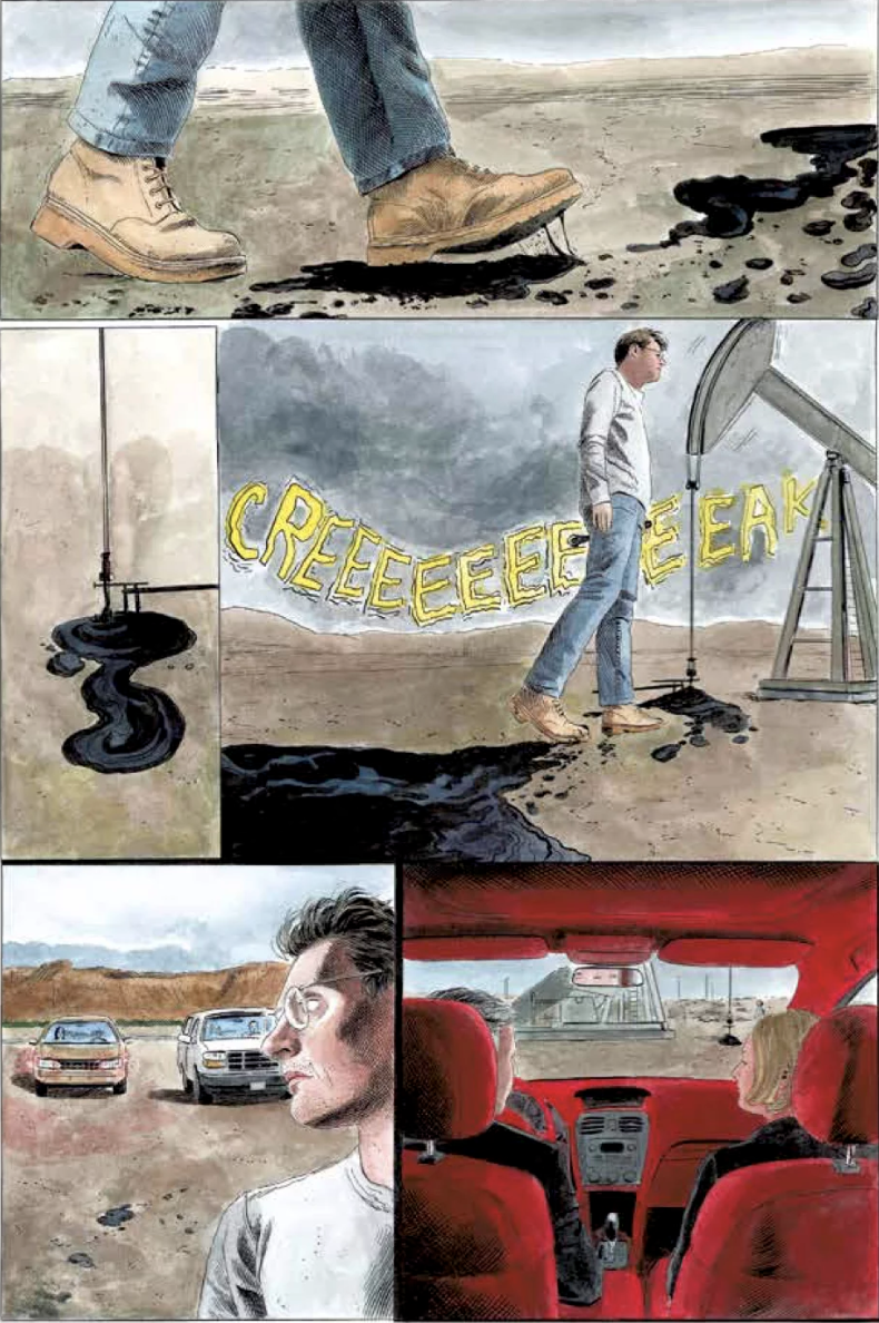 A series of illustrated panels depicting a man slowly walking across an oil field. He glances tentatively over his shoulder at two waiting vehicles. Inside one, a man and a woman wait and watch.