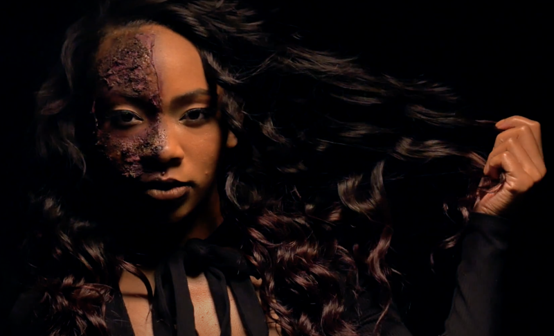 A beautiful young Black woman faces the camera, holding out a chunk of her long curled hair. Half of her face is obscured in disfiguring purple make-up.