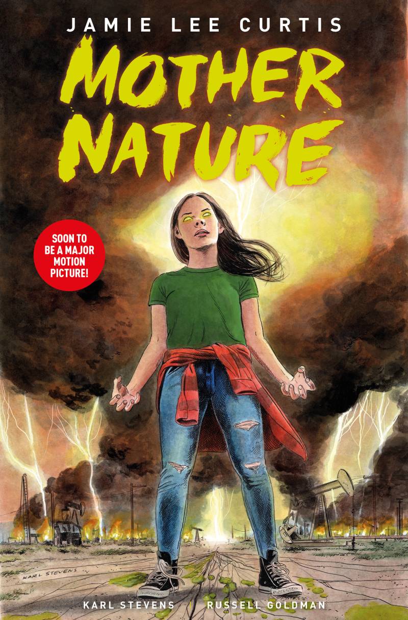 A comic book cover featuring an illustration of a teenage girl wearing jeans, green t-shirt and flannel shirt around her waist. Her eyes are glowing yellow and dark clouds and lightning swirl around her.