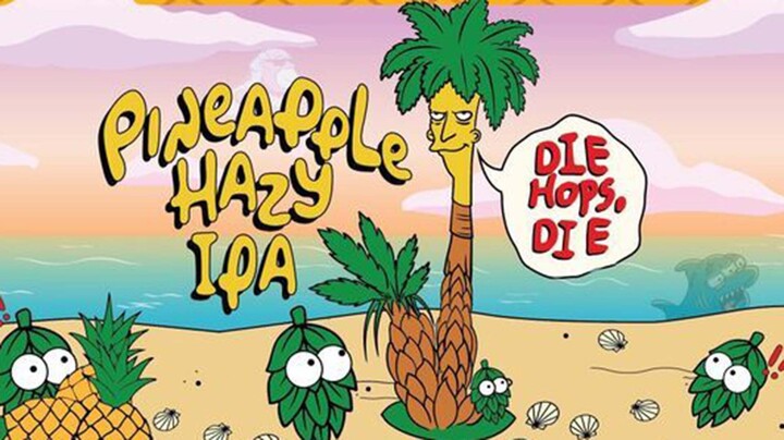 a hazy IPA beer can design features original artwork of The Simpsons characters on a beach