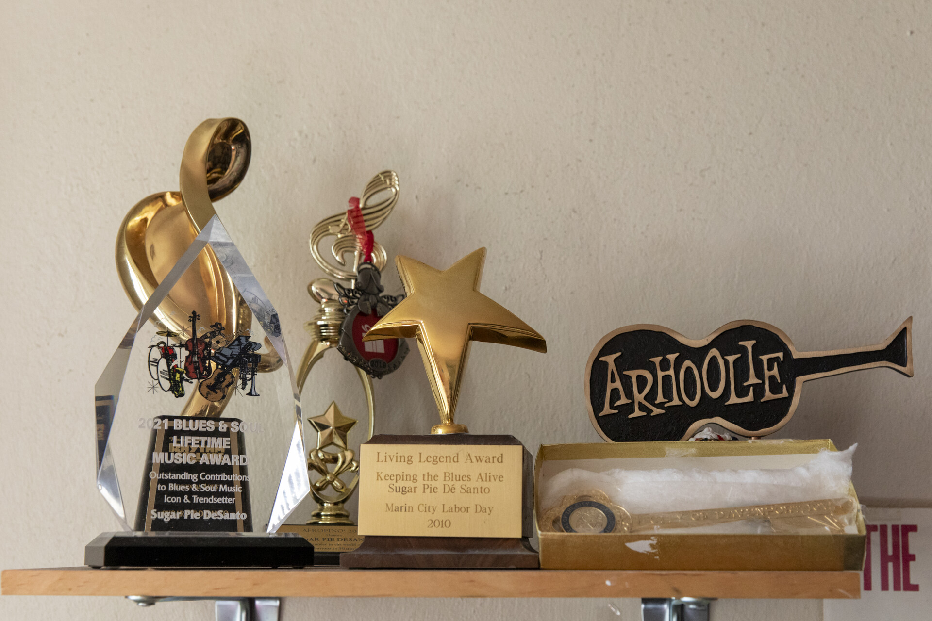 Three trophies on Sugar Pie DeSanto's shelf include her 2020 Arhoolie