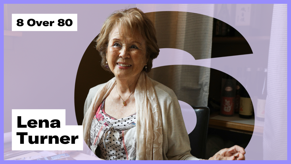 An older woman smiles while sitting at a table, the text "8 Over 80" and "Lena Turner" is overlaid