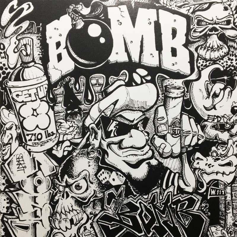 A black-and-white illustration features graffiti characters with exaggerated features, spray cans and other details.