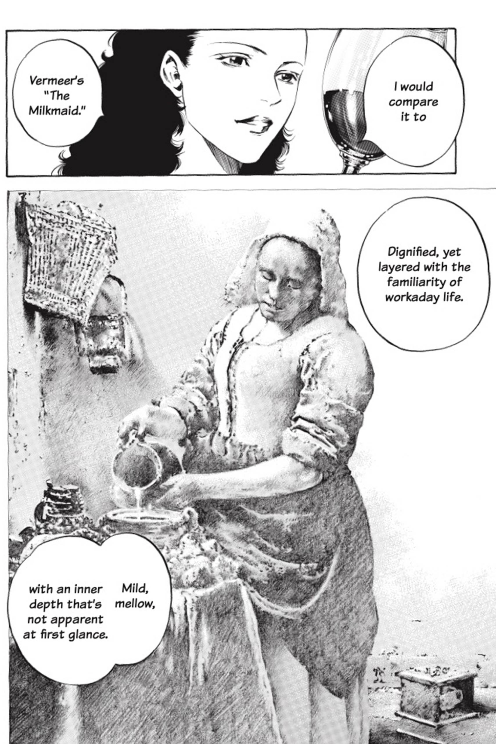 A page from the English translation of a manga. In the first panel, a woman holding a glass of wine says, "I would compare it to Vermeer's "The Milkmaid." The second panel shows a painting of a milkmaid, with the text: "Dignified, yet layered with the familiarity of workaday life. Mild, mellow, with an inner depth that's not apparent at first glance."