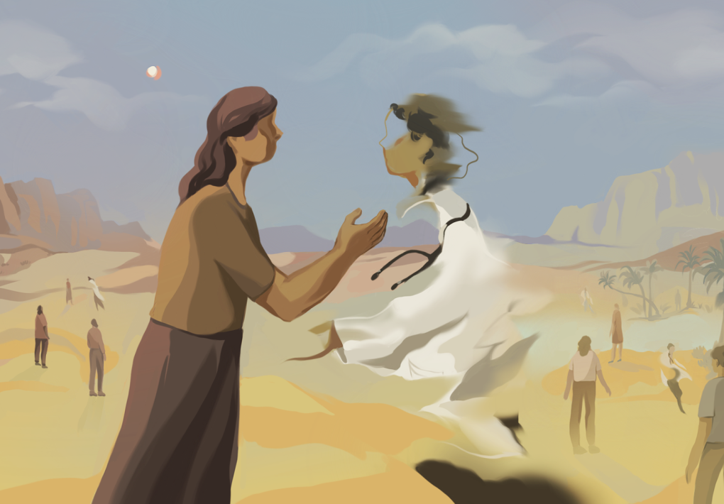 An illustration of individuals wandering in the desert. In the center, a female figure stands pleading with a doctor. The doctor has half-disappeared, like a ghost.