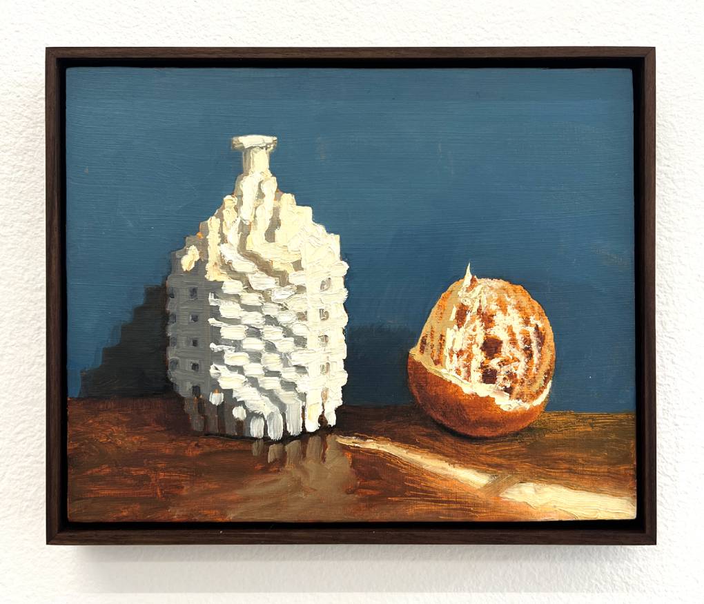 Painting of white vase with blocky surface and half-peeled orange against blue wall