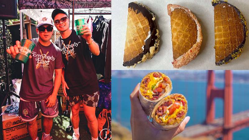 A collage of photographs: On the left, two Asian American men mug for the camera in sunglasses, baseball caps, and T-shirts that read "Everybody Eats"; on the top right are three chocolate-dipped ice cream tacos; on the bottom right, a hand holds up a burrito with the Golden Gate Bridge as the backdrop.