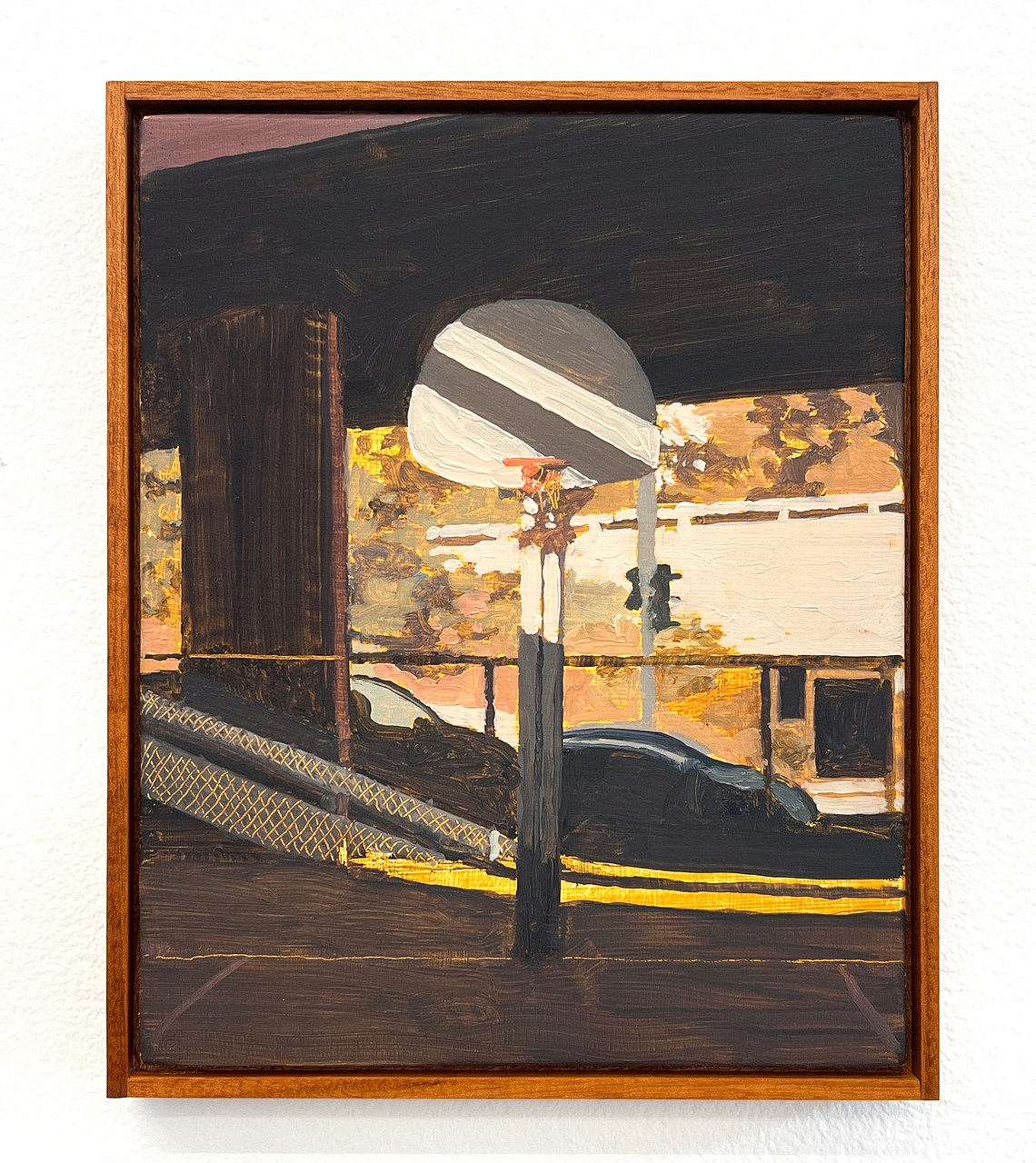 Painting of basketball hoop under an overpass with light hitting the backboard in diagonal shafts
