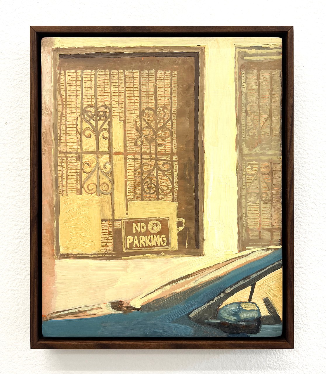 Painting of iron-grate covered window with a "no parking" sign, yellow tinge over blue car in foreground