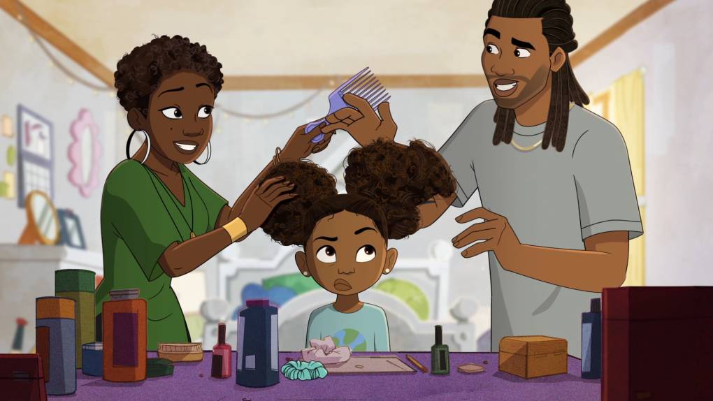 An illustration of a young Black child looking cynical as her mom and dad put her hair in afro puffs. They are passing an afro comb to one another, smiling.