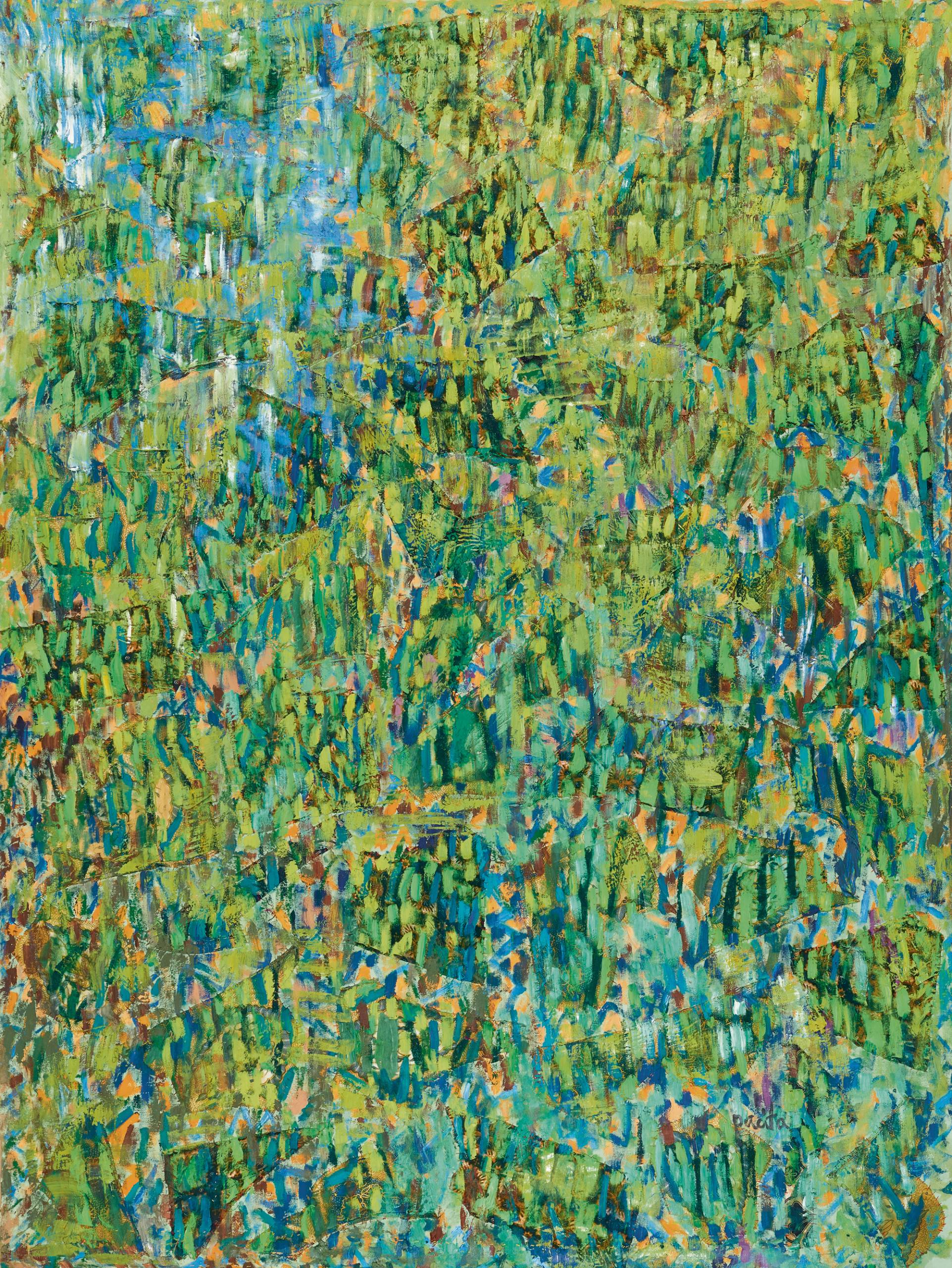 Vertical canvas with blue, green and golden brushstrokes conveying grass