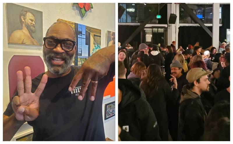 Two photos side by side. The one on the right shows a large gallery space full of people mingling. The one on the left shows a smiling Black man with bald head and grey beard, holding up three fingers on both hands. Art hangs on the wall behind him.