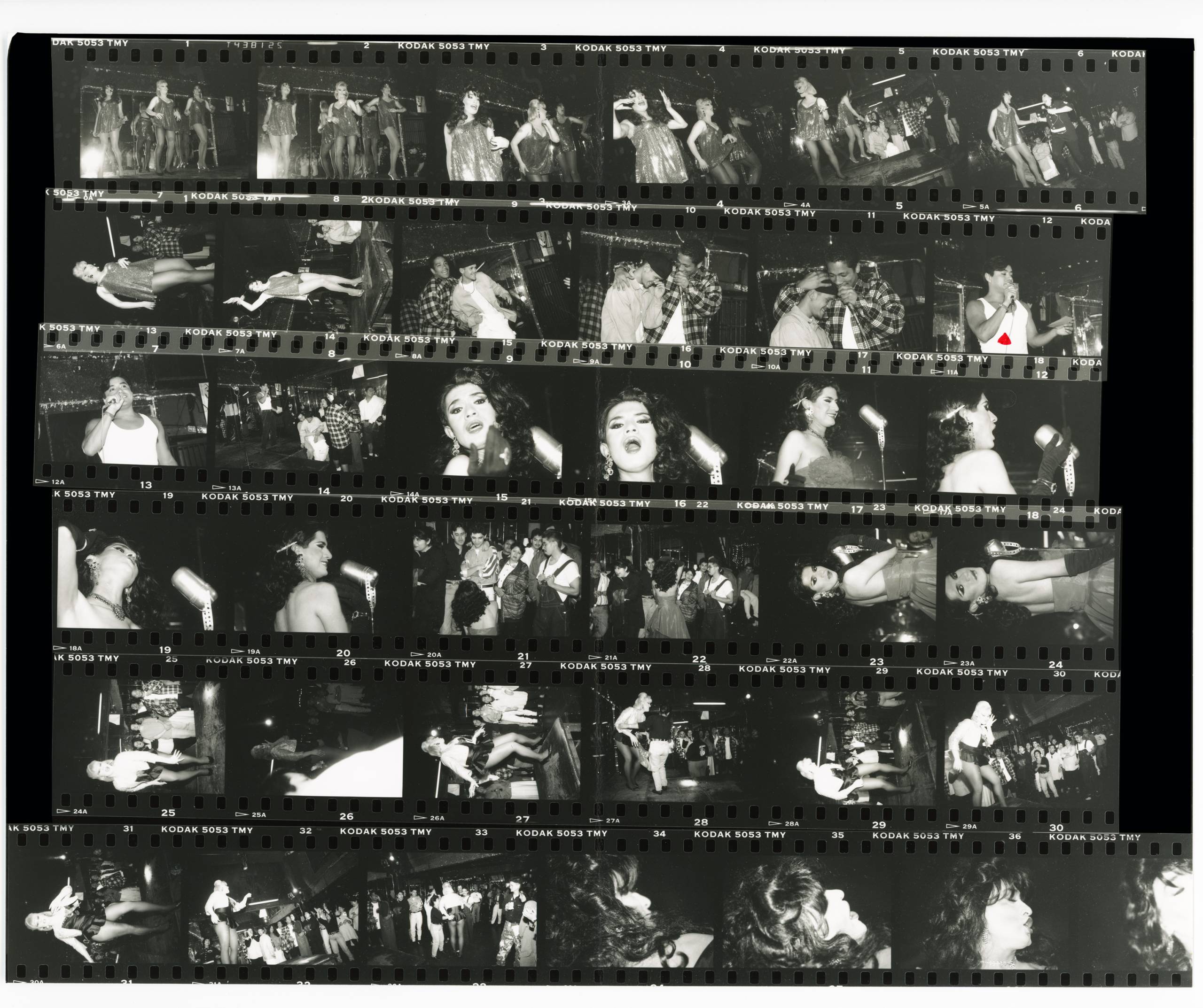 Six rows of small black-and-white negatives of people in a nightclub