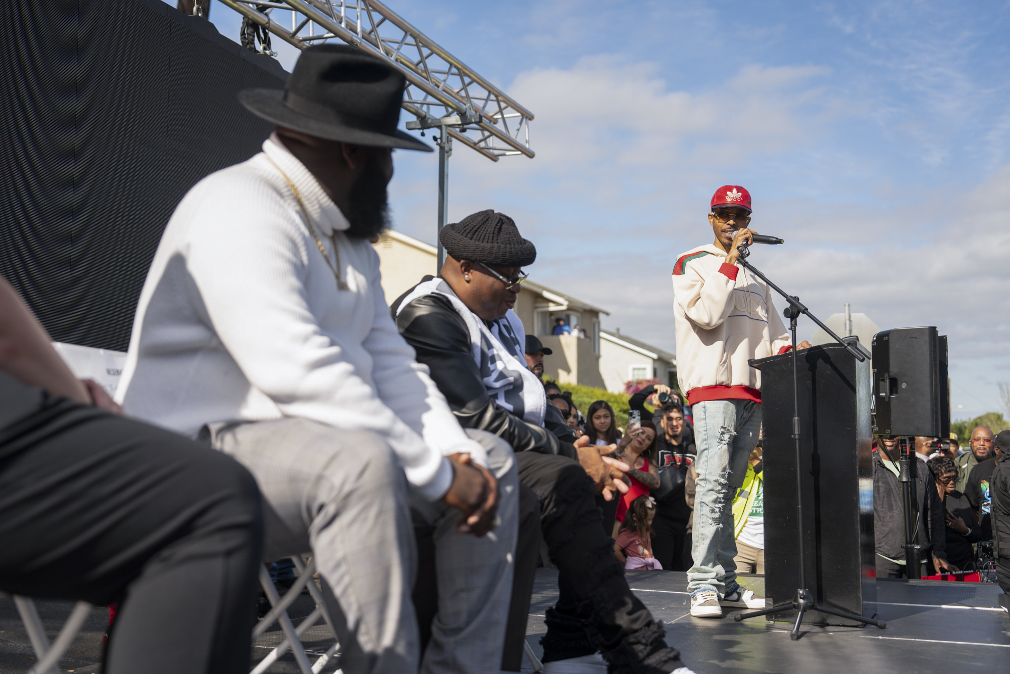 Earl “E-40” Stevens’s son, Earl Stevens Jr. talks about his father’s legacy during the honorary ceremony on Oct. 21, 2023 in Vallejo, Calif.