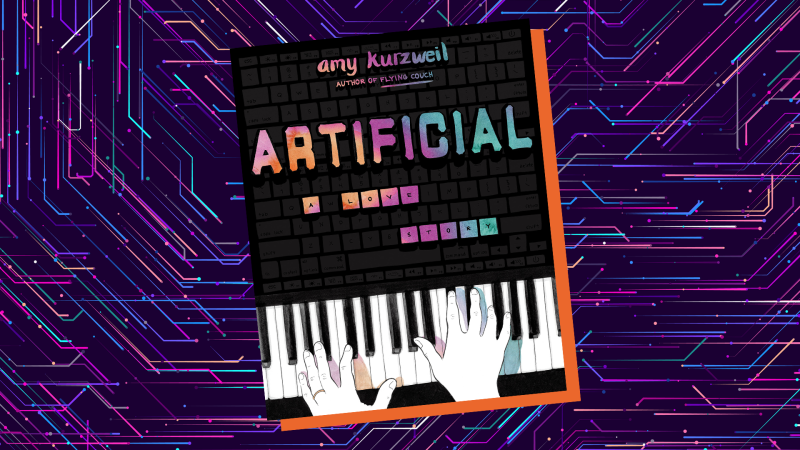 Book cover with drawn hands on piano keys set against a purple circuit-board image