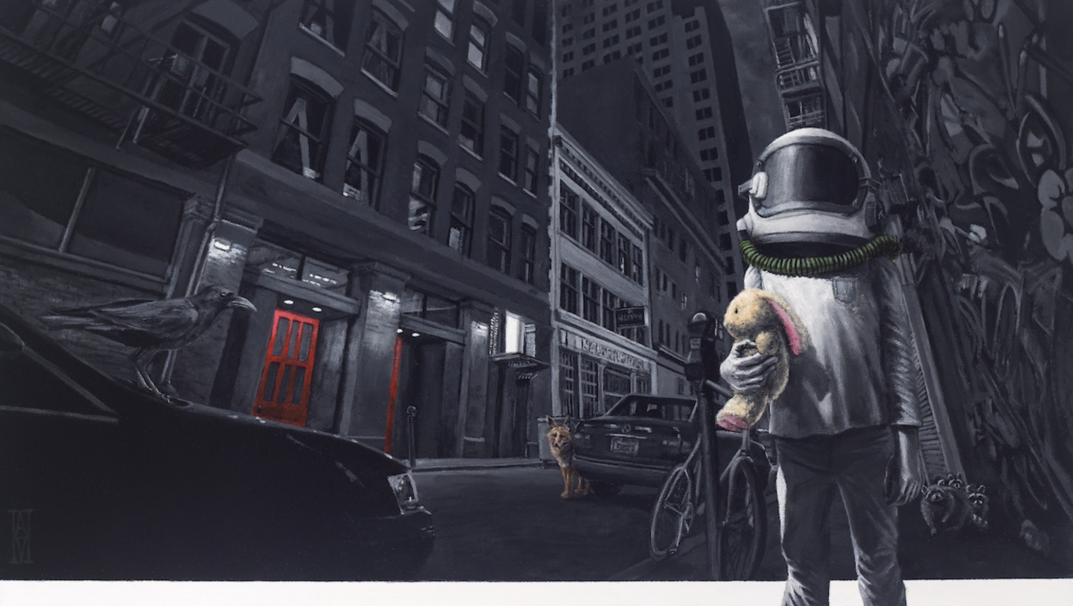 A panoramic realistic painting of a downtown San Francisco alleyway. A small child dressed as an astronaut stands across the street from a building with red doors.