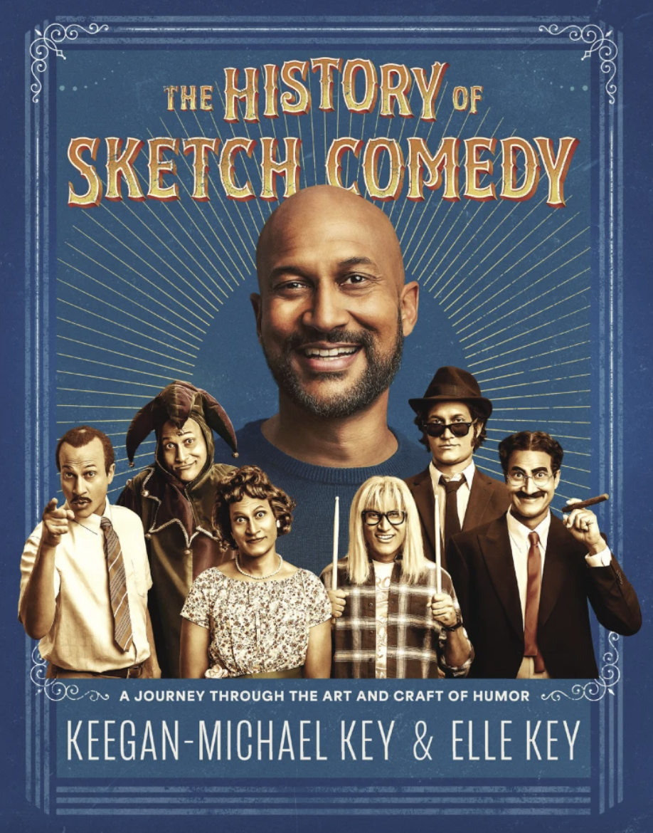 A blue book cover featuring the head and shoulders of a smiling middle-aged Black man and, around him, smaller depictions of him dressed up as a variety of characters.