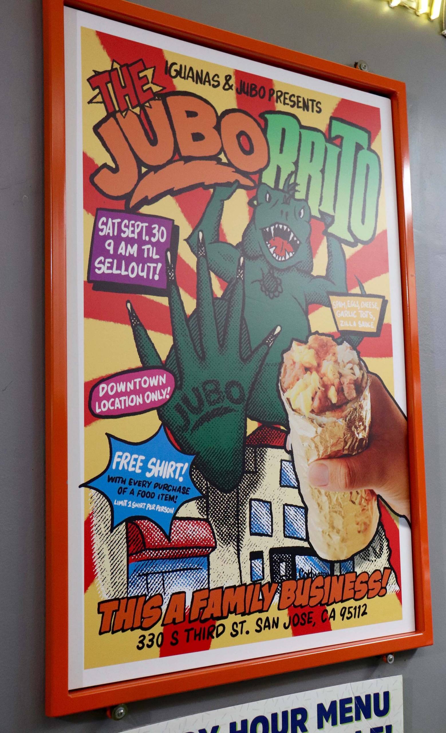a Godzilla-themed poster shows a burrito named "Juborrito" inside a San Jose taqueria