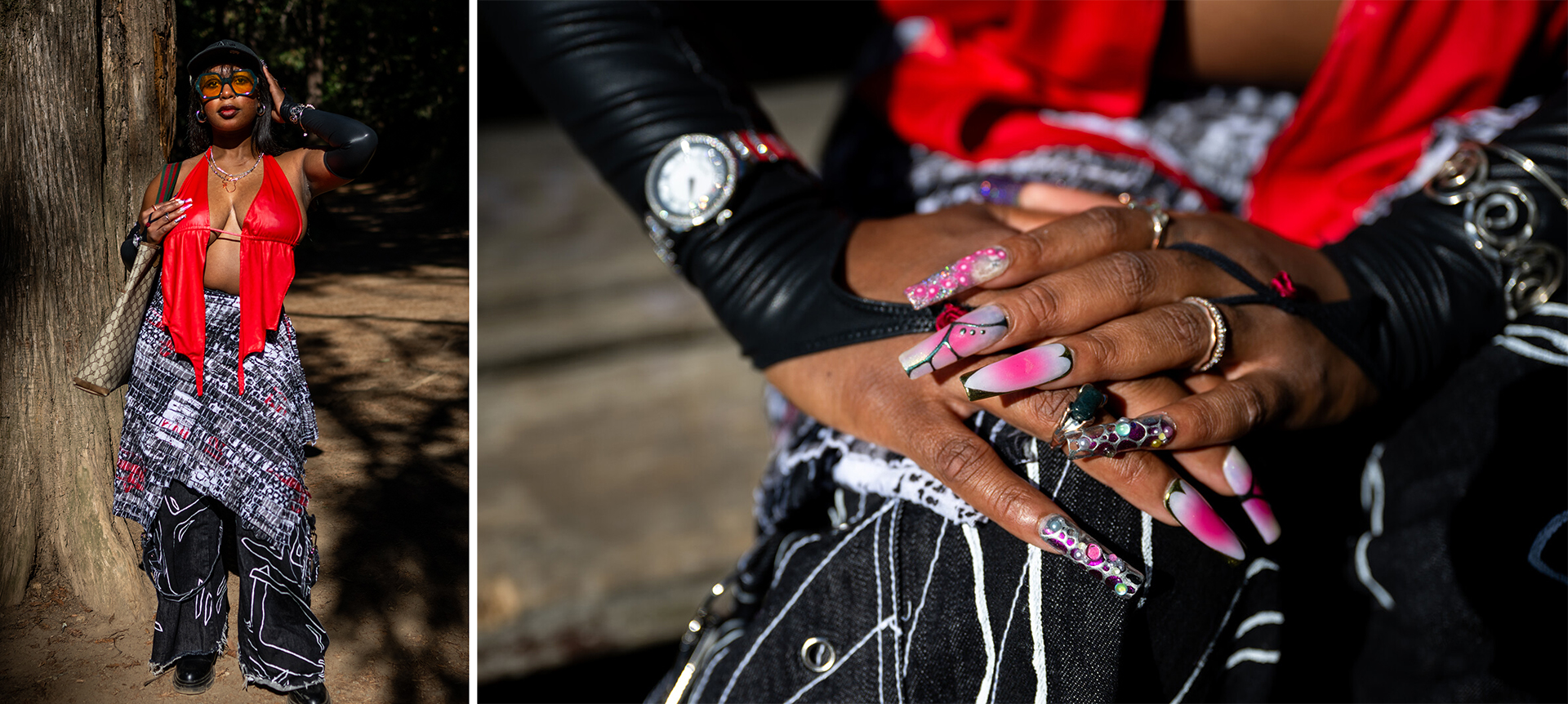 Diptych of a full-body shot of woman in red top and layered pants/skirt and close-up of ornate nails
