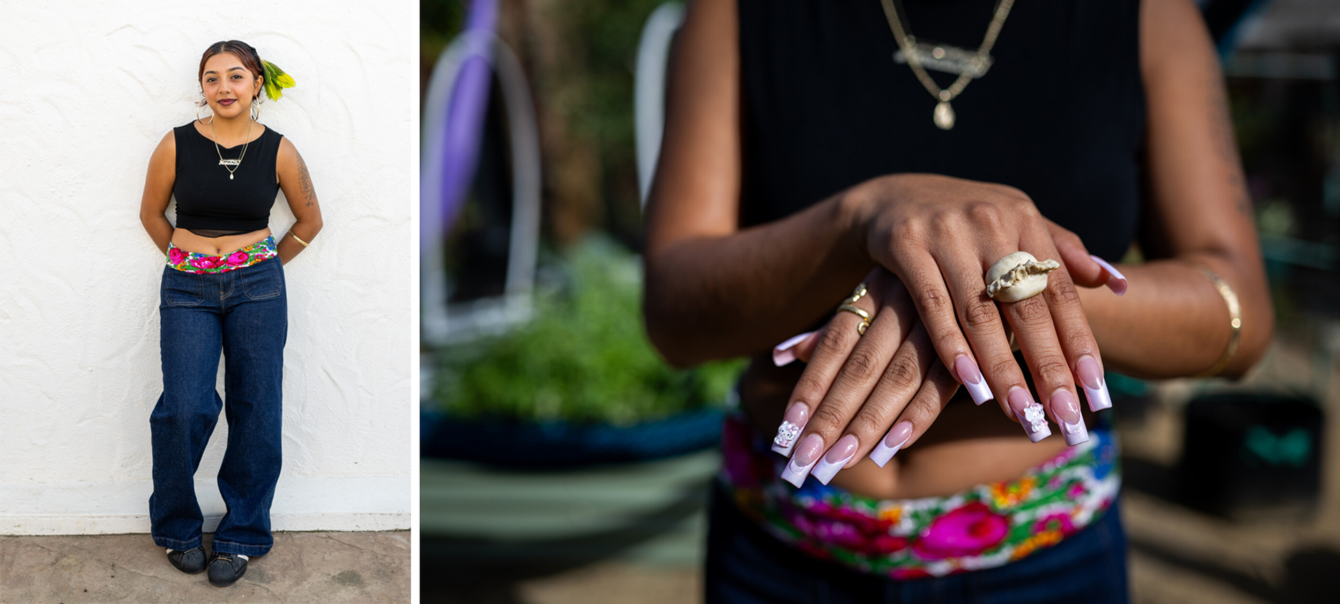 Diptych with full-body shot of young woman and close-up of French-tip nails.