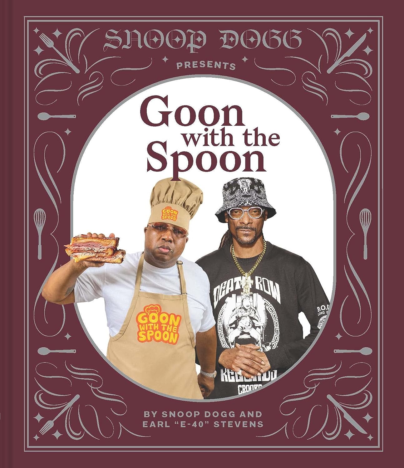 A book cover featuring two Black men. One is wearing an apron and chef's hat and holding up a large meat sandwich. The other is wearing a bucket hat, Death Row Records shirt and white spectacles.