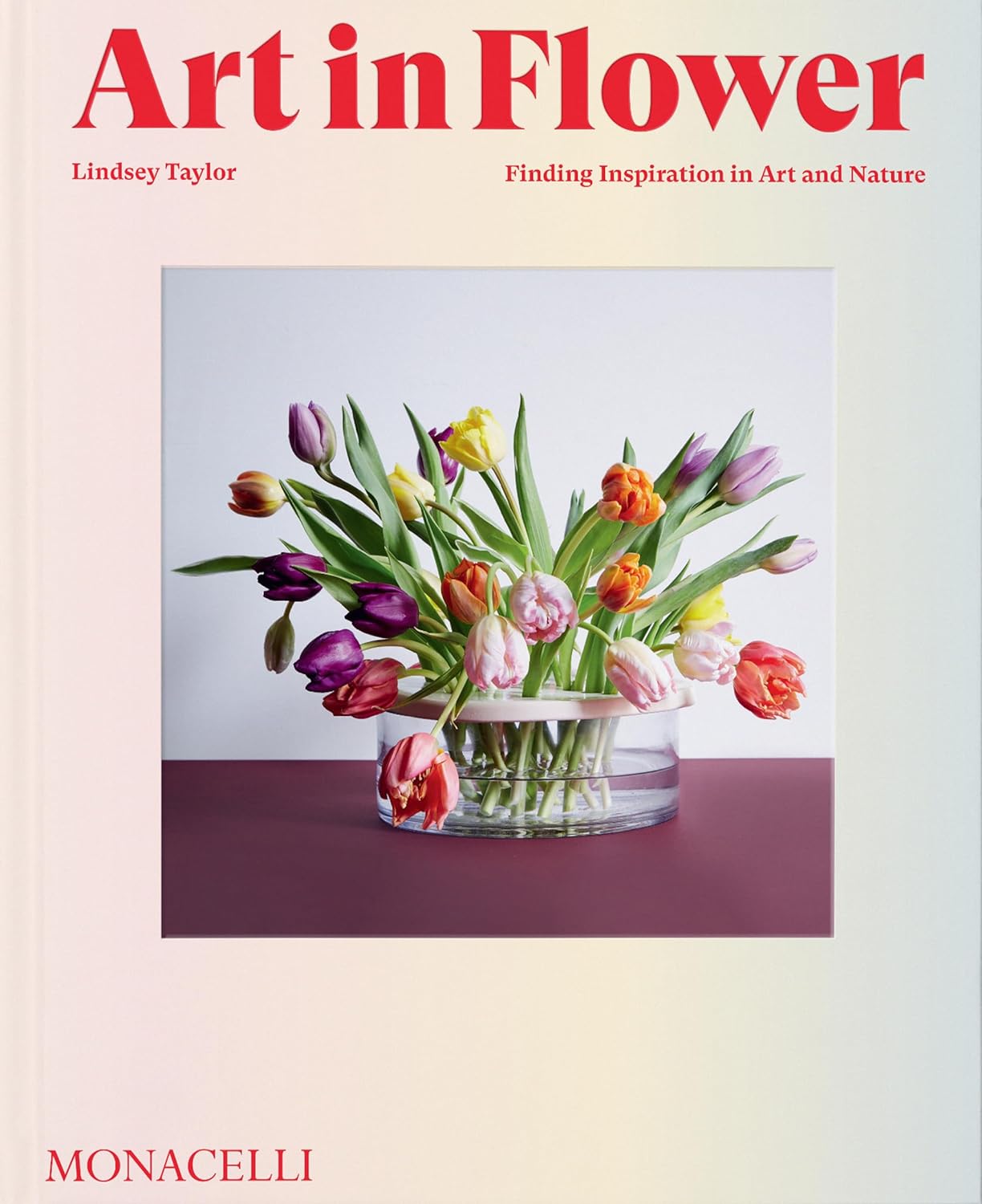 A book cover depicting a painting of a glass vase of tulips.