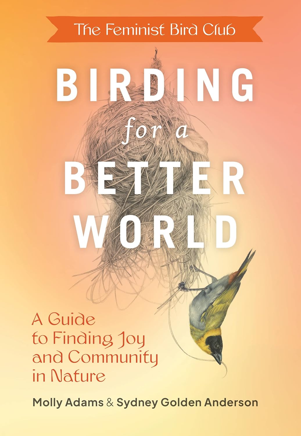 A book cover depicting a yellow bird hanging from a tangled round nest.