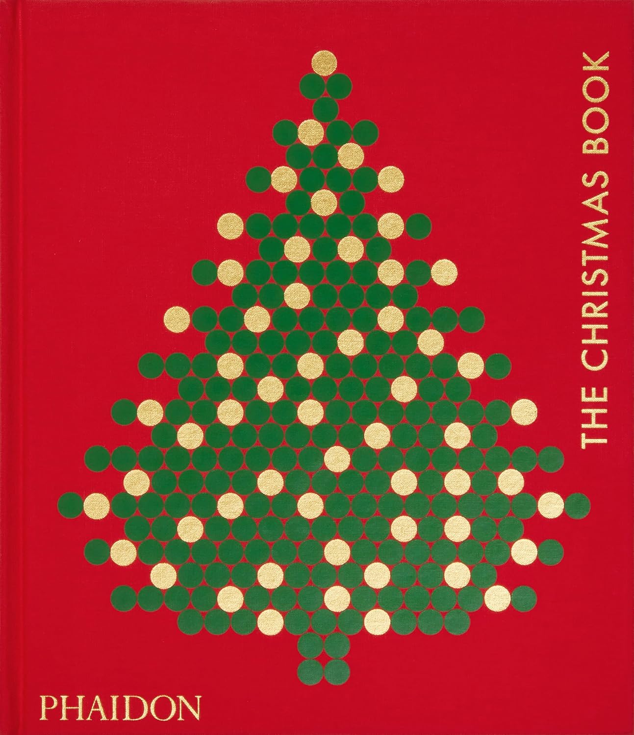 A red book cover depicting simple dotted artwork that resembles a Christmas tree covered with gold baubles.