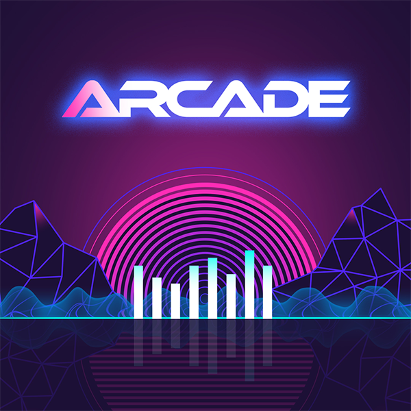 Magenta, navy and purple logo for Arcade, with graphic of sound bar and a neon-effect rainbow