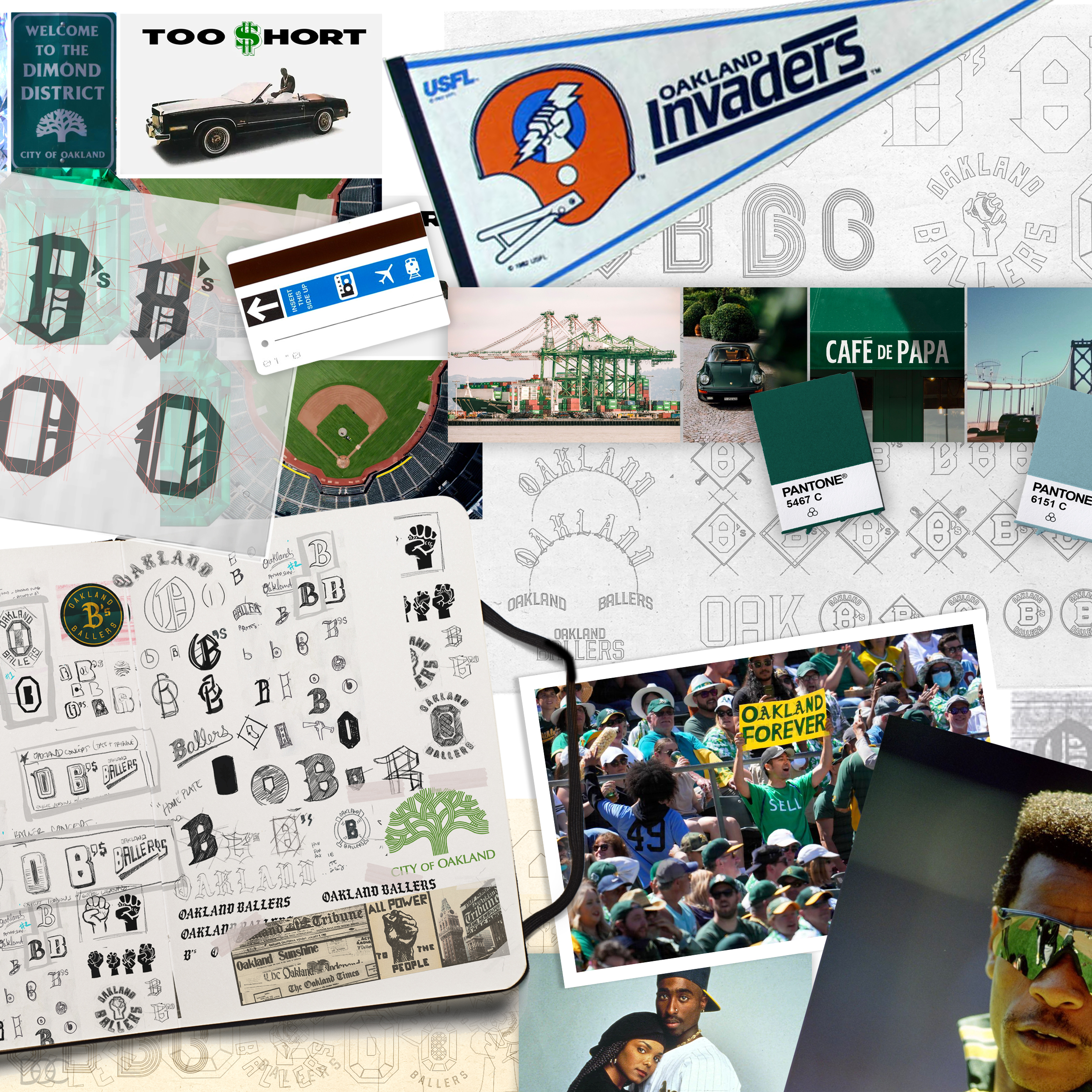 a designer's mood board for the Oakland Ballers, a new minor league baseball team inspired by local iconography