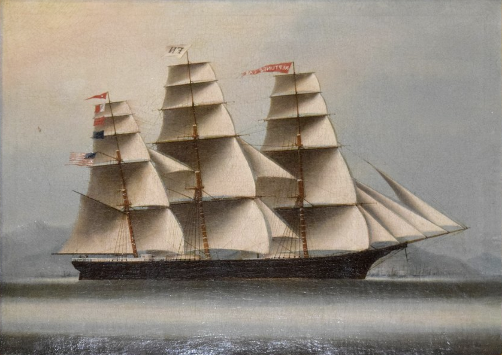 A 19th century painting of a vast clipper ship at sea.