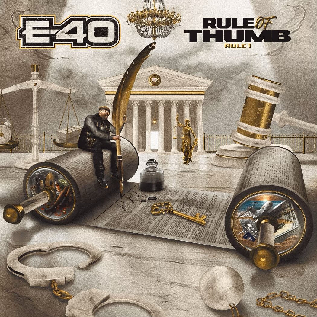 An album cover depicting rapper E-40 in miniature. He is sitting on a scroll next to handcuffs, a key and a quill. A courthouse and scales are visible behind him.