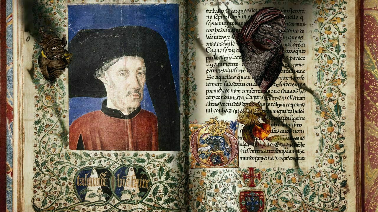 A medieval text shows two elaborately decorated pages and a portrait of a white man wearing a strange black hat and red smock. 