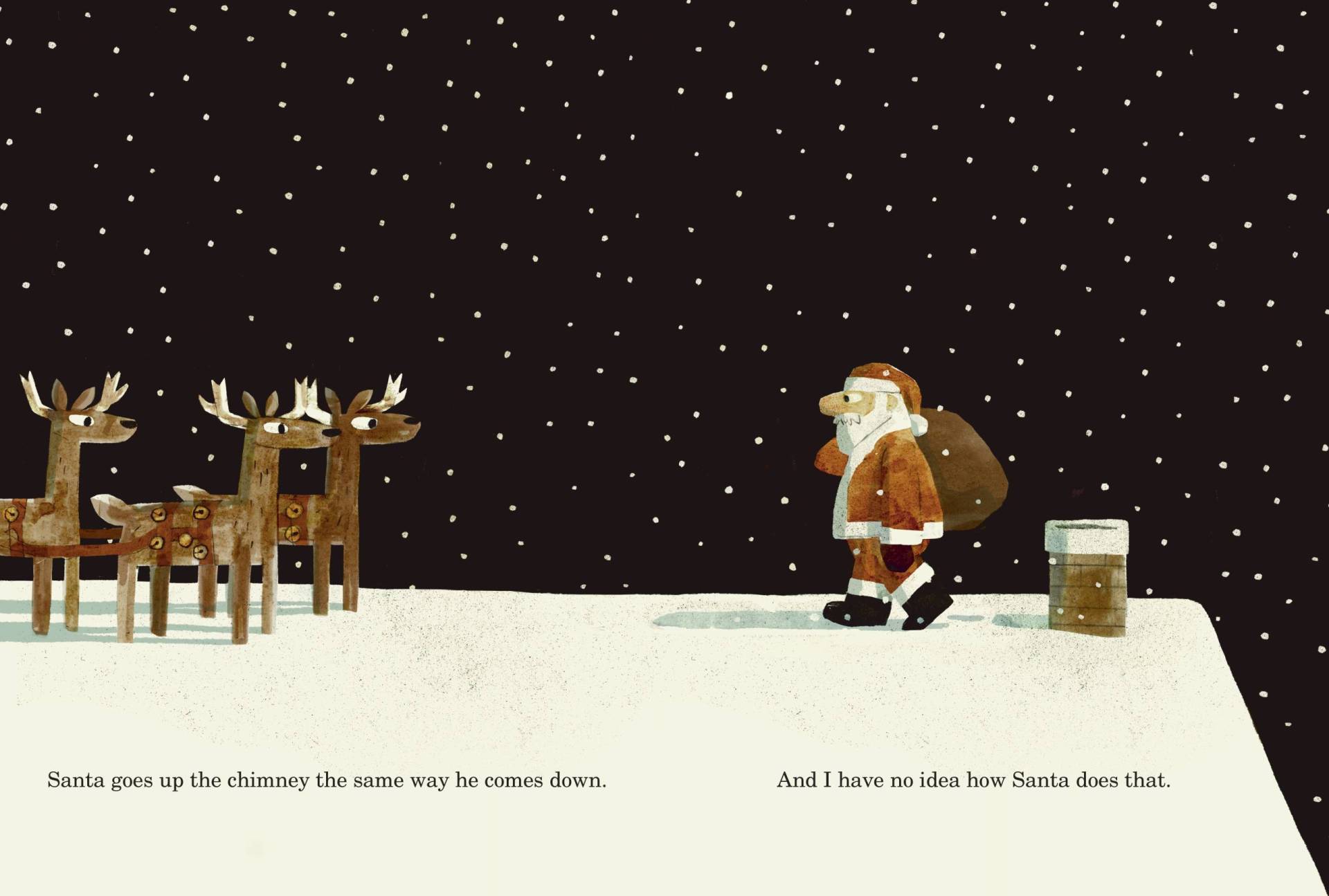 An illustration of Santa standing on a snowy roof, holding a sack over his shoulder. A chimney is behind him. He is facing a group of three reindeer.