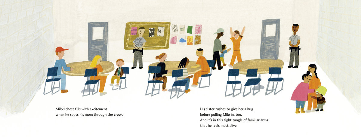 "Milo Imagines the World" by author Matt de la Peña and illustrator Christian Robinson. Scene shows Milo and his sister visiting their incarcerated mother.