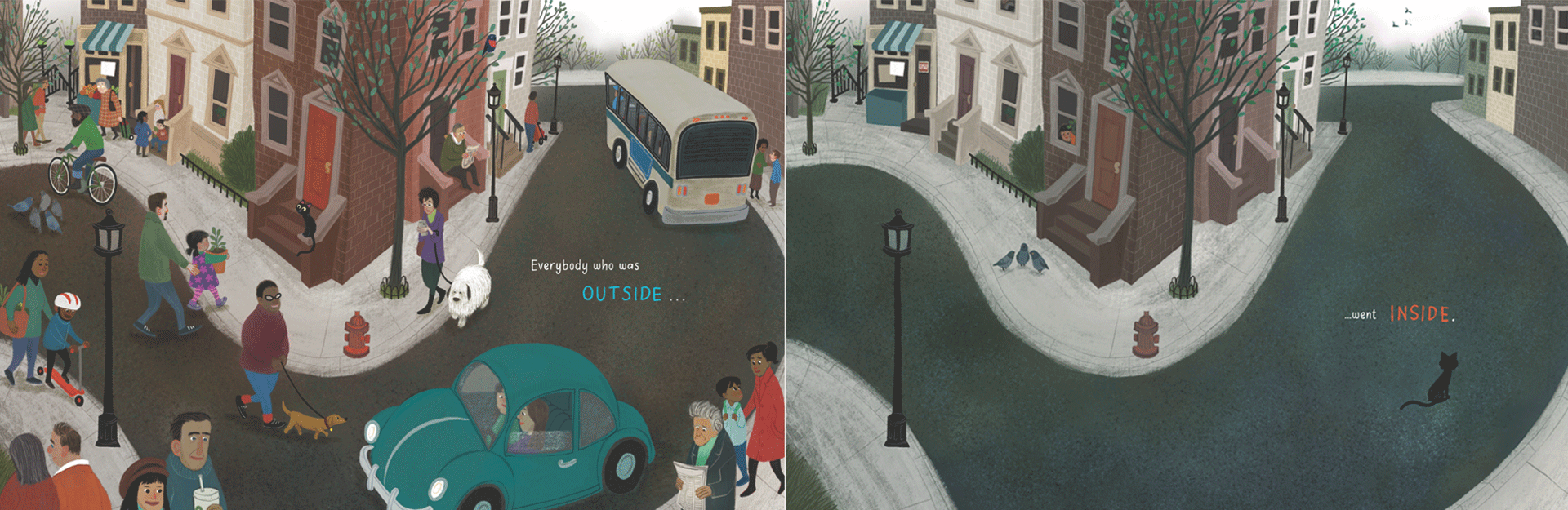 Pages from the children's book "Outside, Inside" by LeUyen Pham about life during the pandemic.