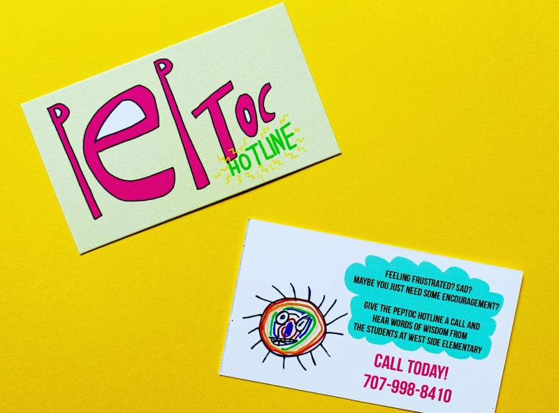 Two cards advertising the "Peptoc" hotline for folks who need a pep talk