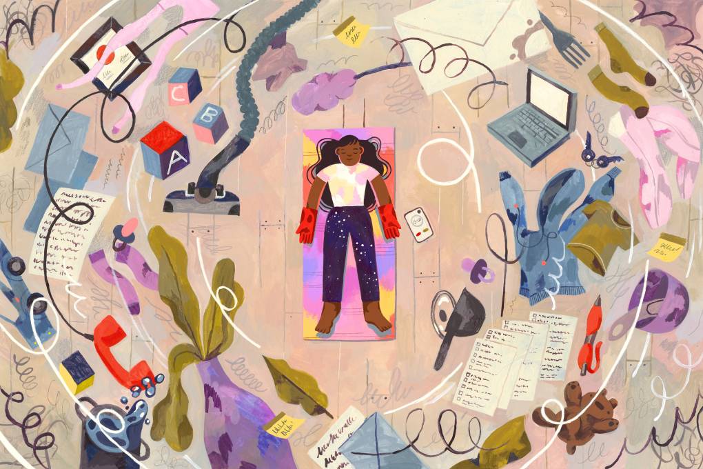 Illustration of a busy mom lying on a yoga mat with rubber gloves on, she's surrounded by a swirling mess representing responsibilities — to do lists, a laptop, a vacuum, laundry, toys, pots and pans and paperwork, but she has created a moment of calm amidst the chaos.