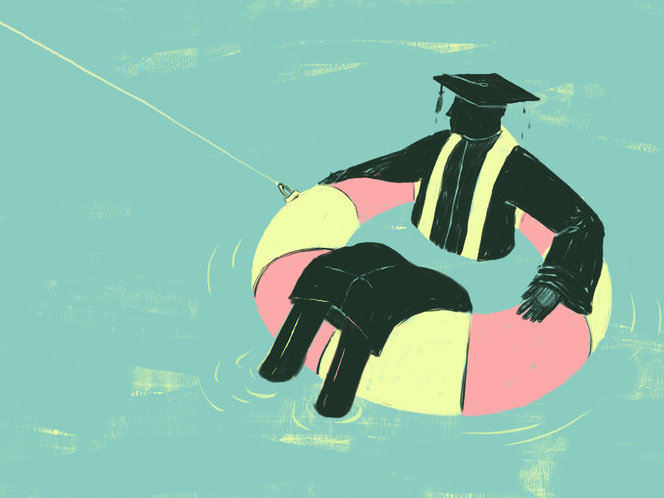 Illustration of a graduate floating in water