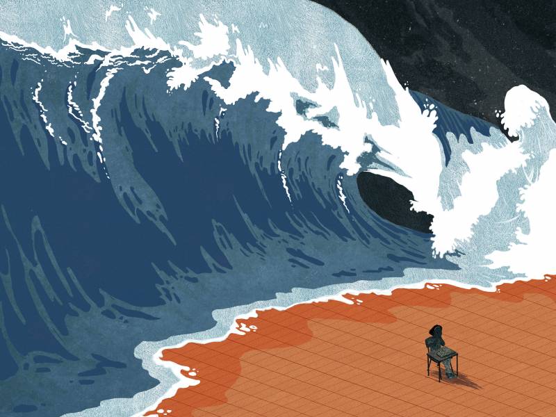 Art of mental health as a giant ocean wave crashing over student