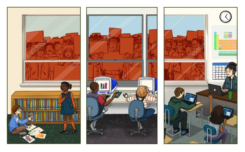 Illustration of classrooms through the decades.