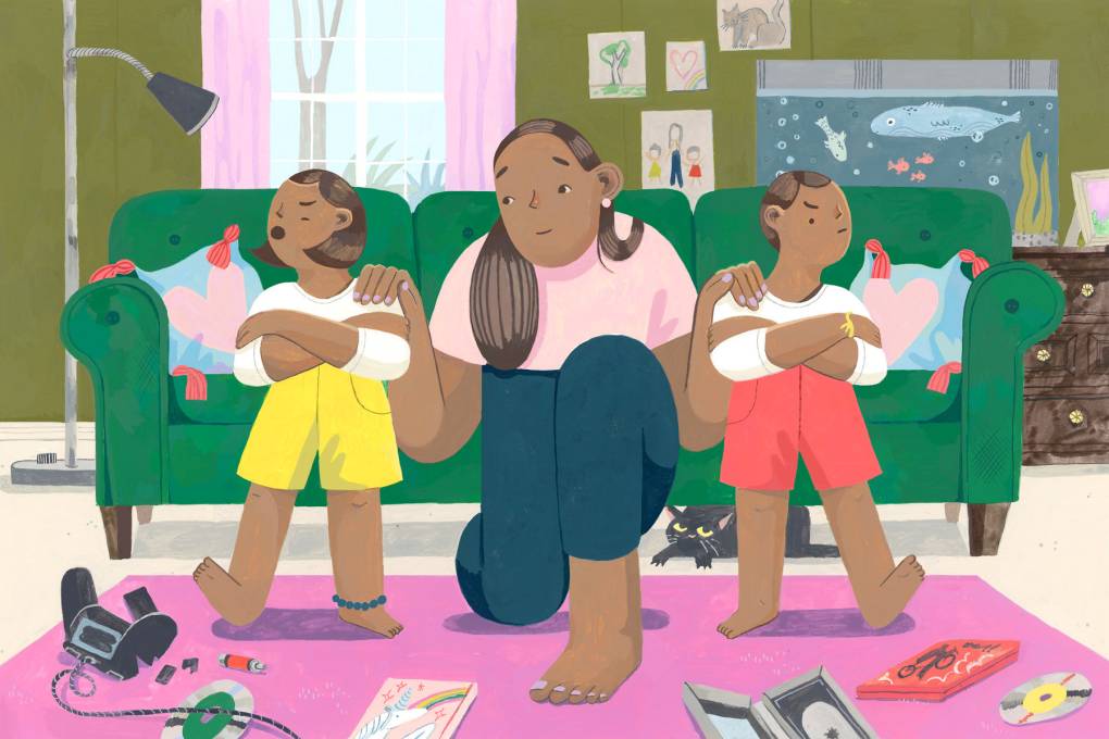 Illustration of a mother kneeling down on a carpet in a living room. She sits between two feuding children, separating them with a hand on each of their shoulders and an empathetic look on her face. The three are surrounded by toys on the floor, a green couch, a fish tank and some of the children's artwork on the wall is behind them.